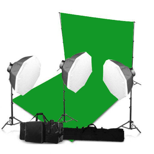 Krachtige 3-kops videoverlichtingsset met 5 lampen, Chromakey-achtergrond en ondersteuningssysteem met giekarm