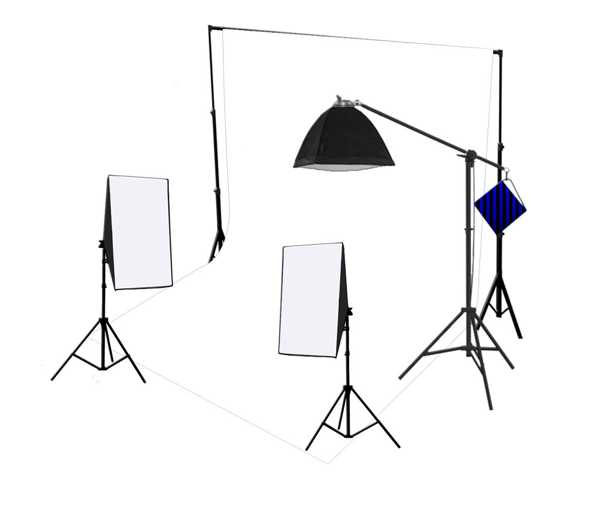 3-kops 750W continue studiosoftbox-apparatuurset met studioachtergrond en boomarm