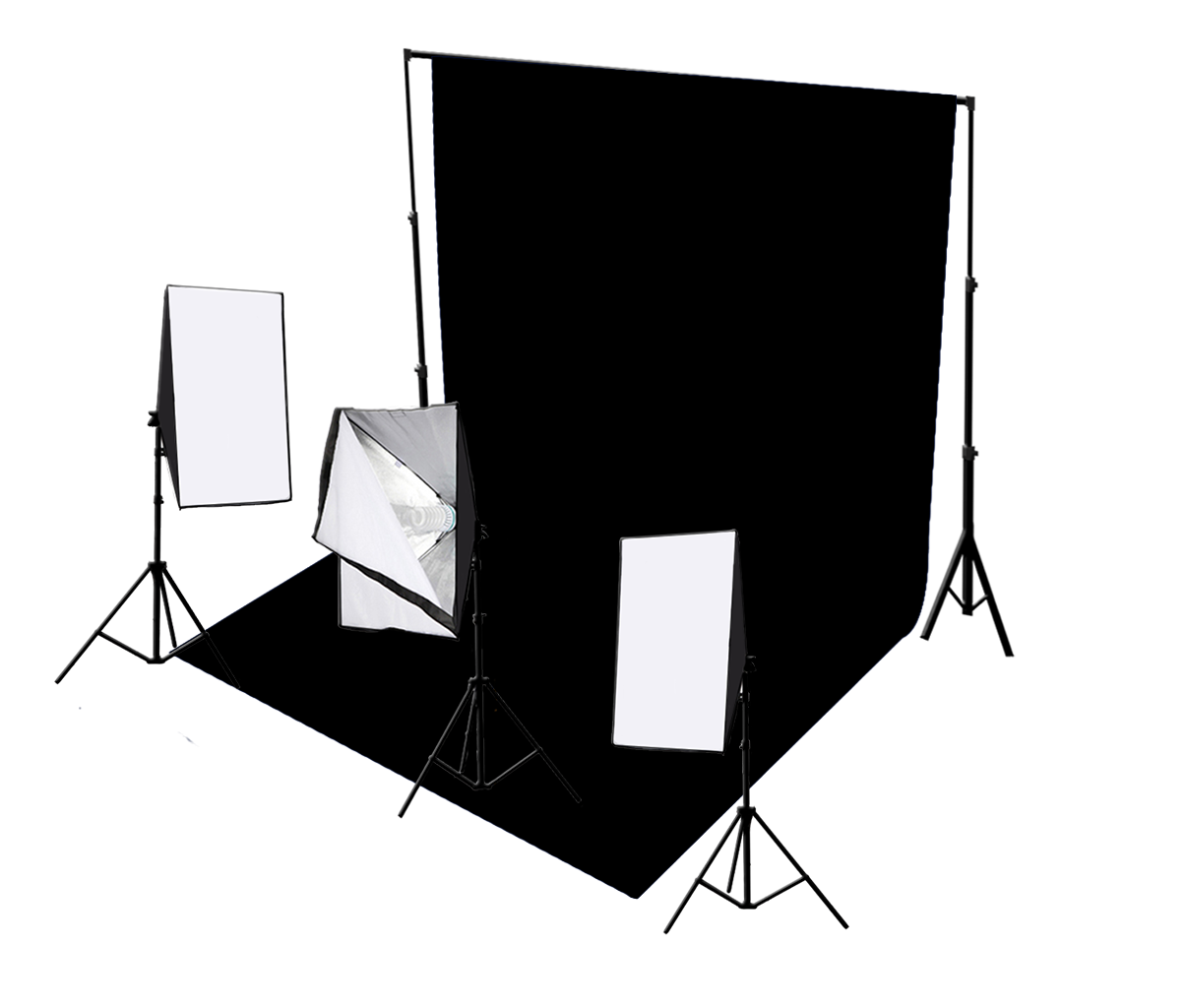 Driekoppige 750W continue softboxset met studioachtergrond