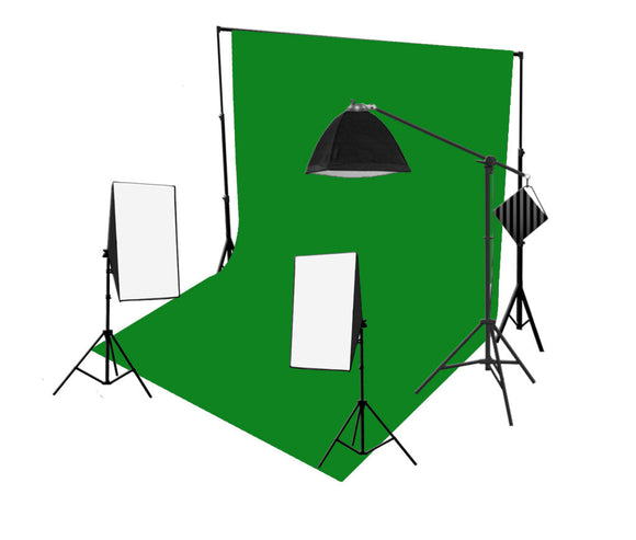 3-kops 750W continue softbox studioverlichting met studioachtergrond en boomarm-apparatuurkit