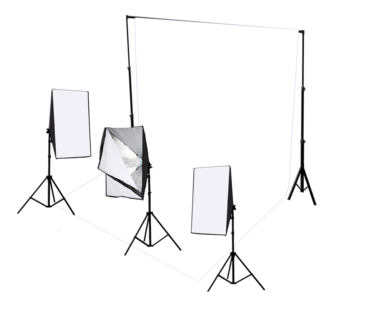 Driekoppige 750W continue softboxset met studioachtergrond