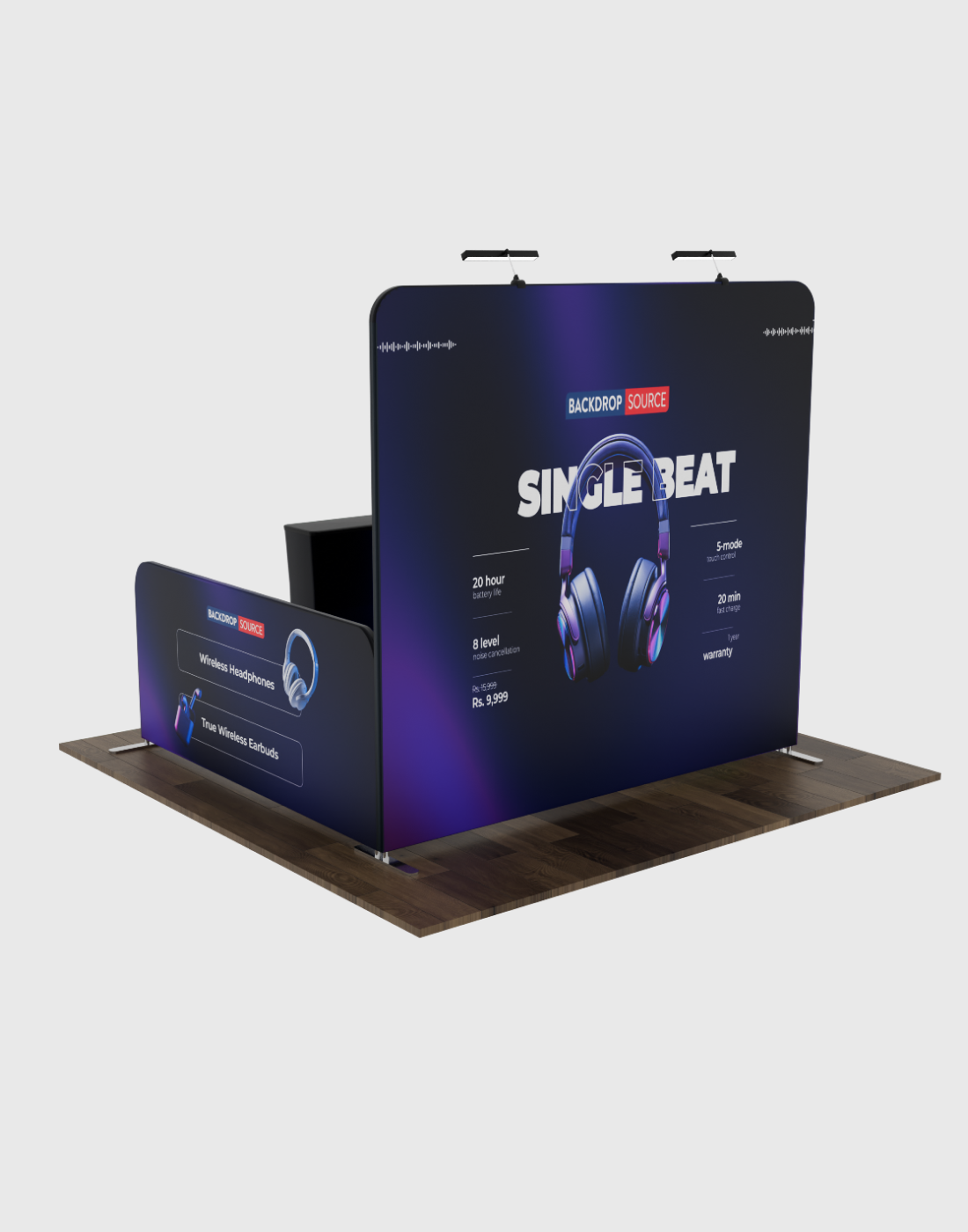 Ultieme 3mx3m standset met achterwand, zijwanden, balie en verlichting
