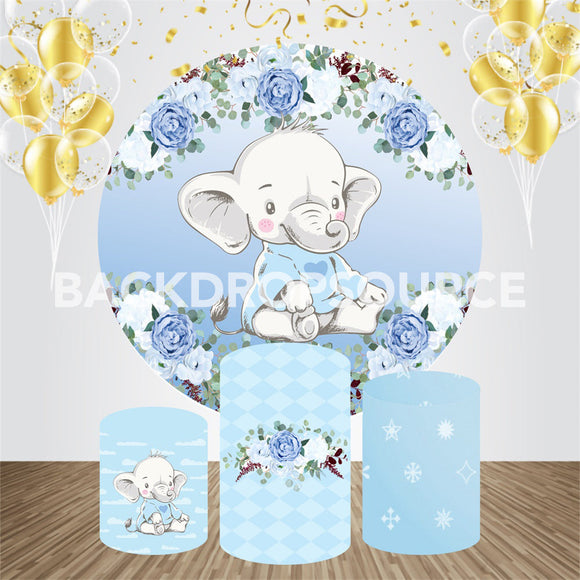 Ronde achtergrondset met schattige babyolifant in blauw thema voor een feestje