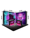 L-vormige verlichte mediawandset met balies voor stands van 3 x 3 m.