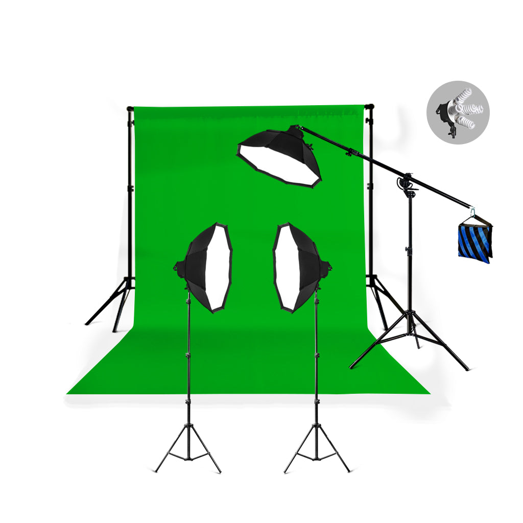Krachtige 3-kops videoverlichtingsset met 5 lampen, Chromakey-achtergrond en ondersteuningssysteem met giekarm