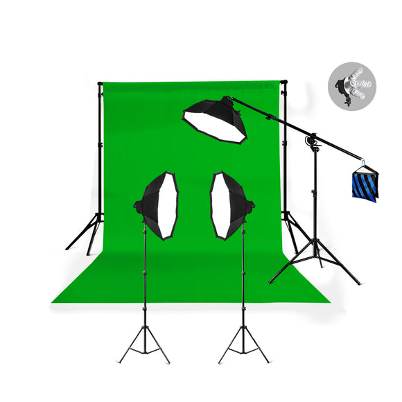 Krachtige 3-kops videoverlichtingsset met 5 lampen, Chromakey-achtergrond en ondersteuningssysteem met giekarm