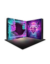 L-vormige verlichte mediawandset met balies voor stands van 3 x 3 m.
