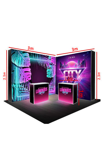 L-vormige verlichte mediawandset met balies voor stands van 3 x 3 m.