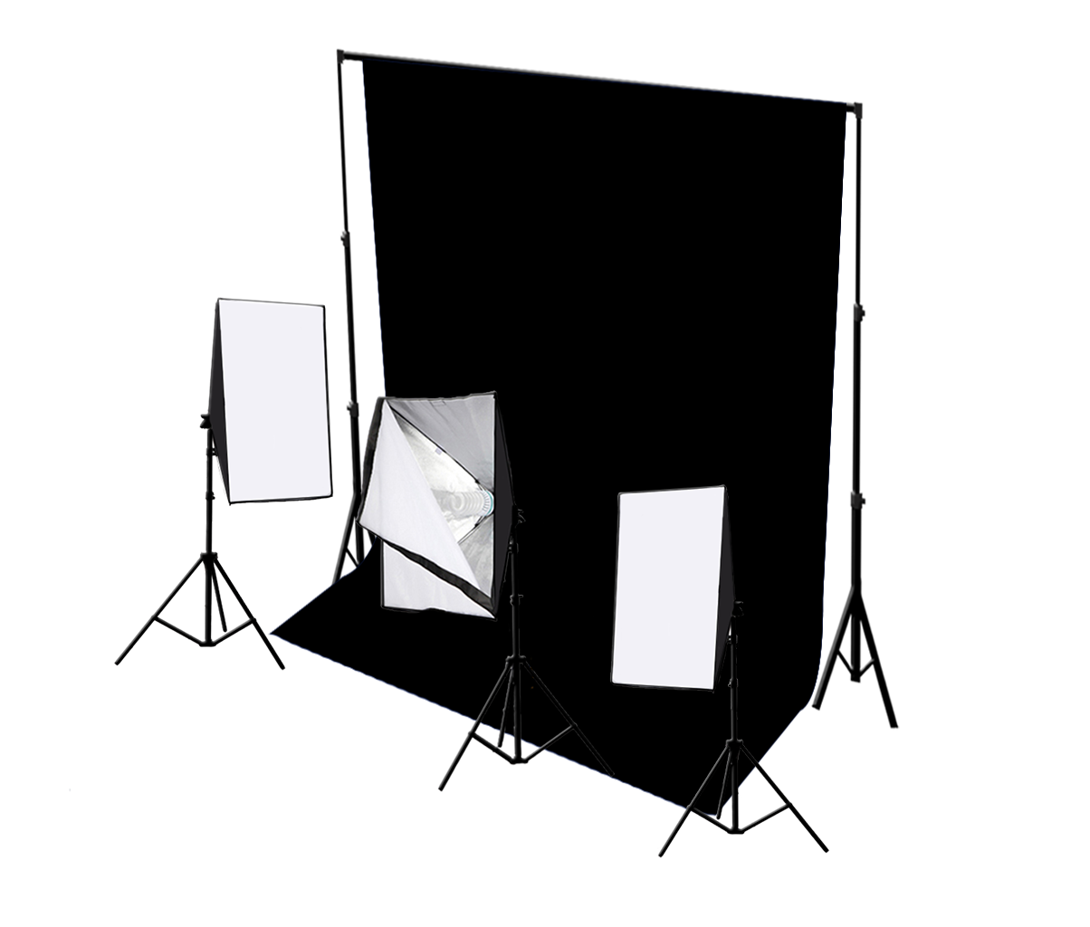 Driekoppige 750W continue softboxset met studioachtergrond