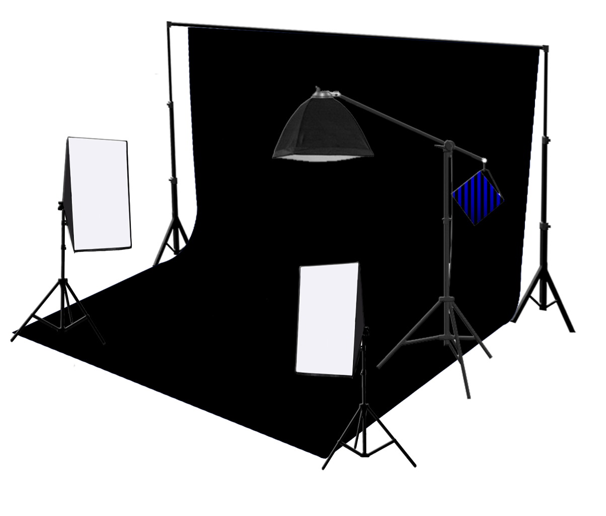 3-kops 750W continue studiosoftbox-apparatuurset met studioachtergrond en boomarm