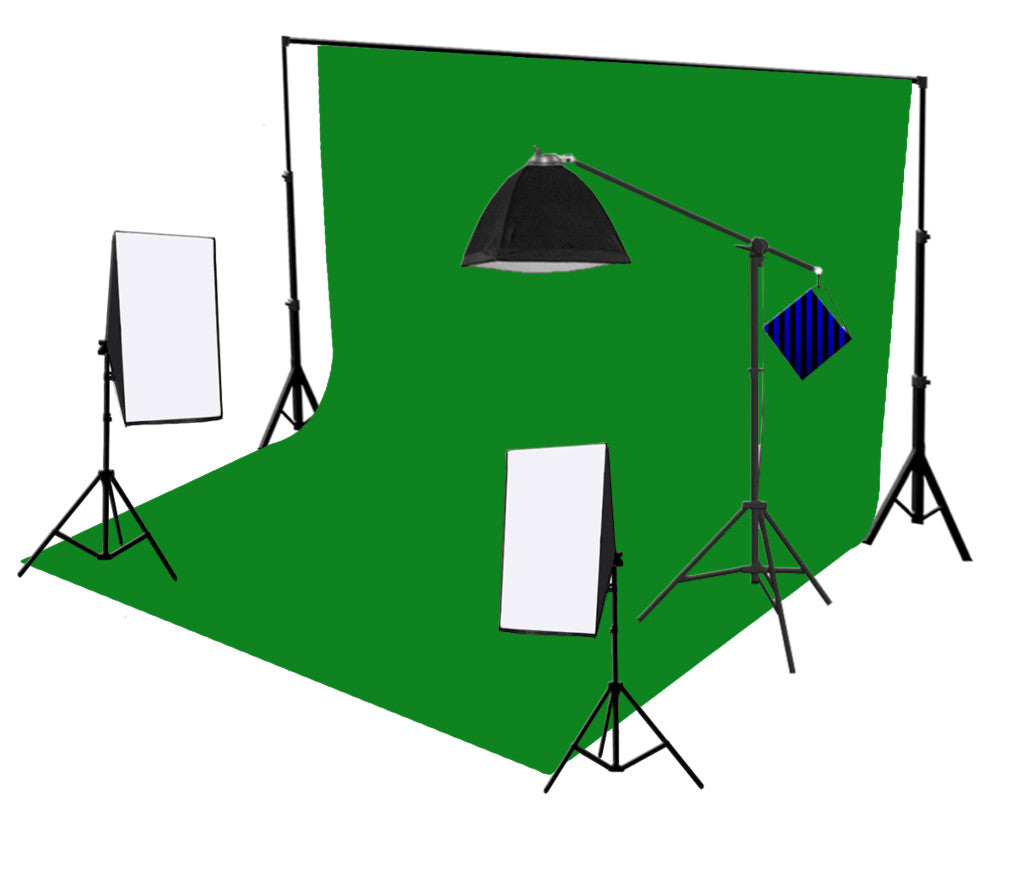 3-kops 750W continue softbox studioverlichting met studioachtergrond en boomarm-apparatuurkit