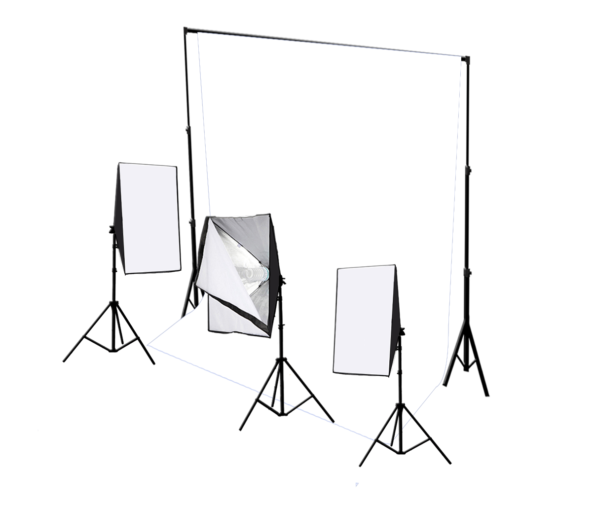 Driekoppige 750W continue softboxset met studioachtergrond