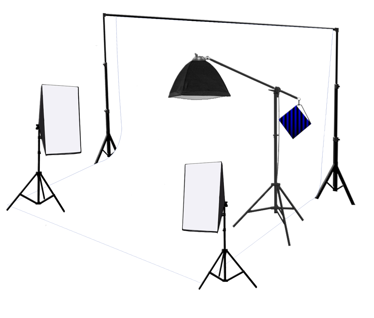 3-kops 750W continue studiosoftbox-apparatuurset met studioachtergrond en boomarm